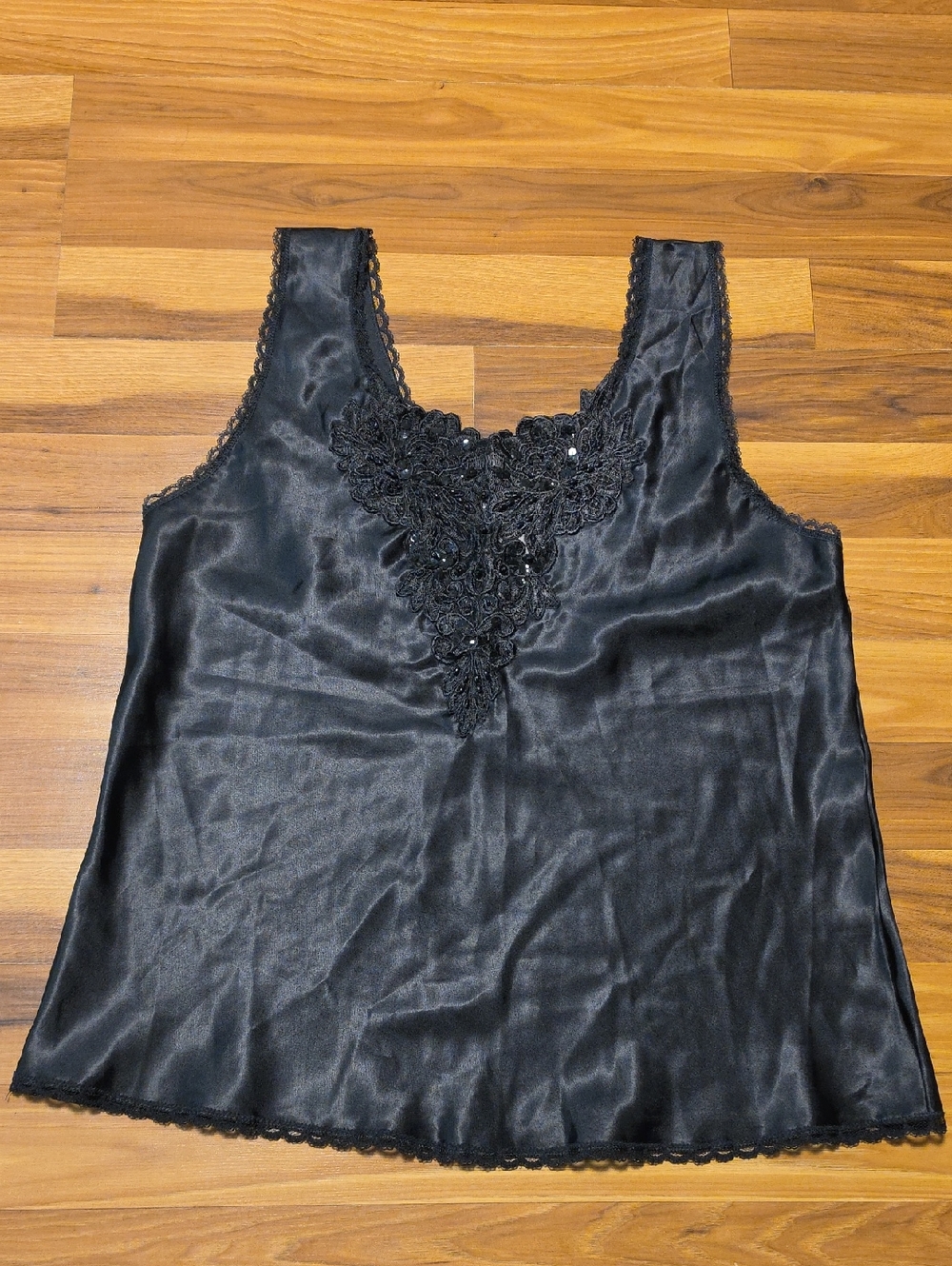 Black Satin Camisole with Lace Applique
